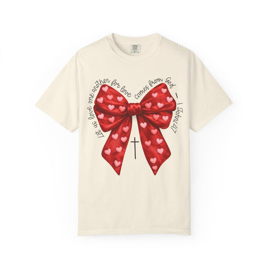 Comfort Colors T Shirt — Red Heart Bow with Cross & Script (Faith + Love)