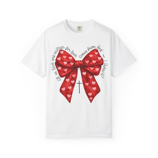 Comfort Colors T Shirt — Red Heart Bow with Cross & Script (Faith + Love)